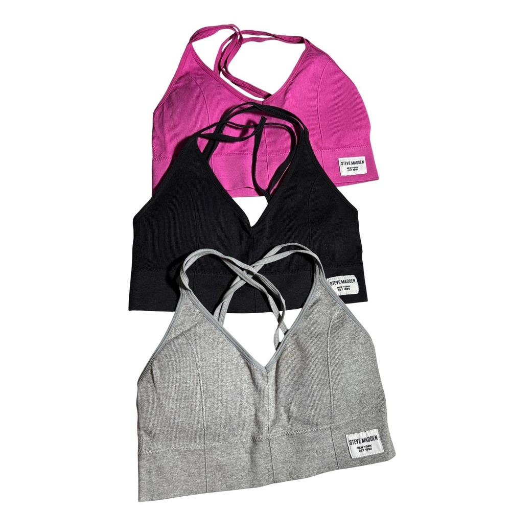 Steve Madden Padded Ribbed Seamless Bralette 3 Pk Strappy Back Pink Black Grey M